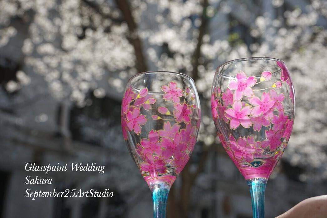 手作り教室 春の結婚式 新婦様サプライズプレゼント 桜ペアグラス Glasspaint Wedding